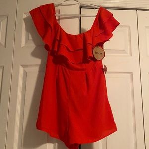 red off the shoulder romper. Apricot Lane,essue